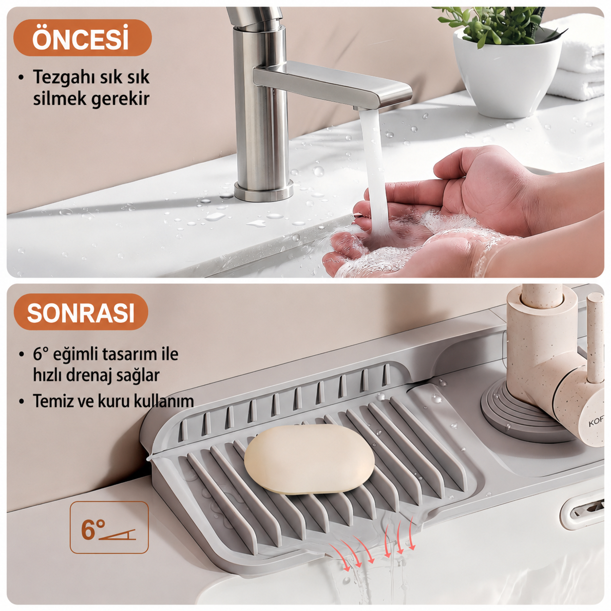 Trihed Katlanabilir Silikon Musluk Arkası Su Sıçratma Önleyici ve Düzenleyici Mat